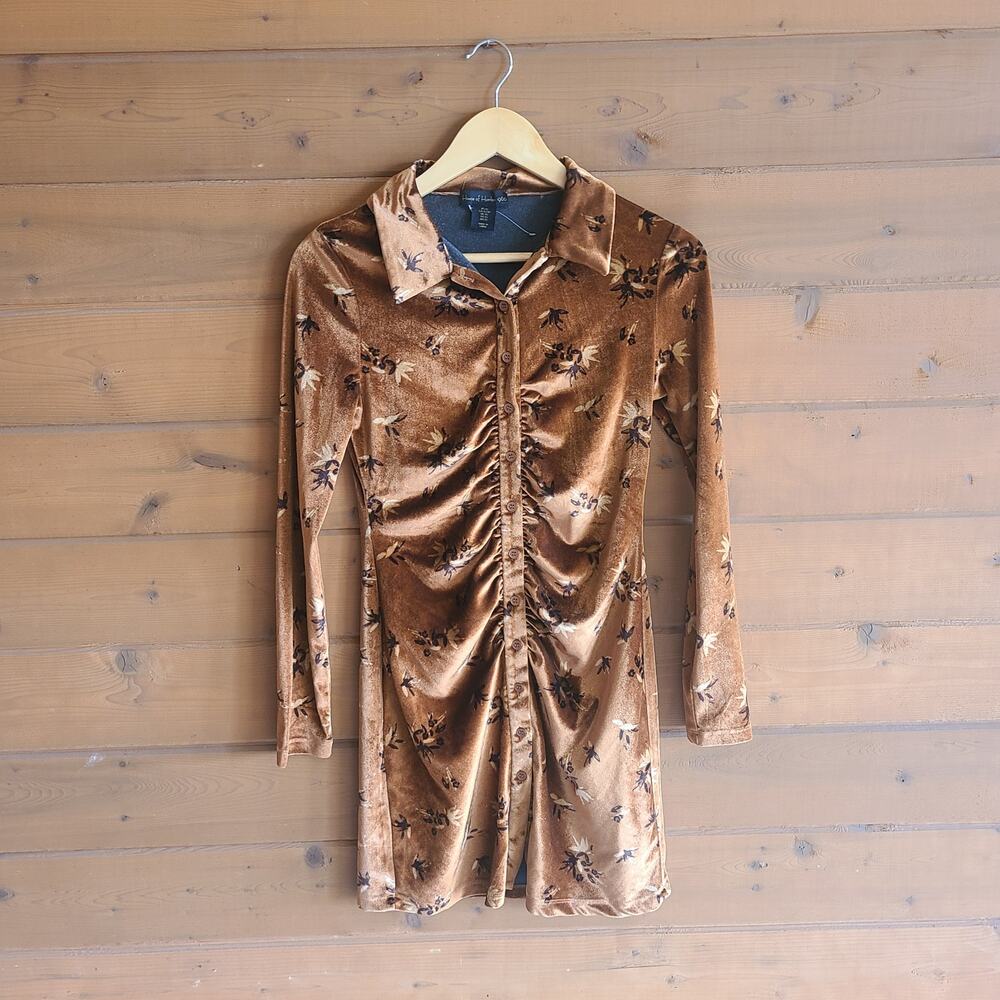 House of Harlow 1960 x Revolve Velvet Floral Dress NWOT XS Mini Floral Bronze